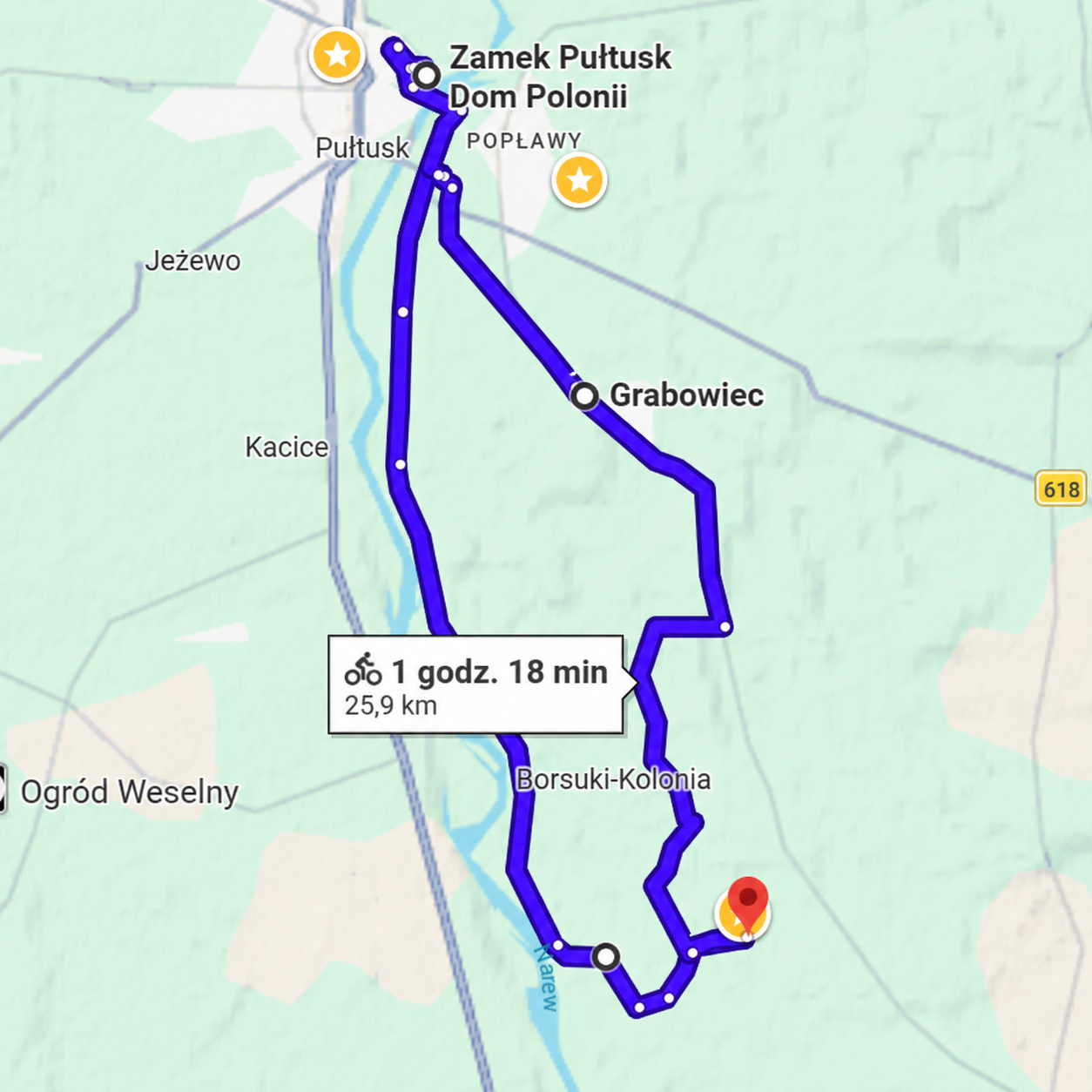 Poglądowa mapa trasy rowerowej Sova House – Pułtusk – Grabówiec – Sova House